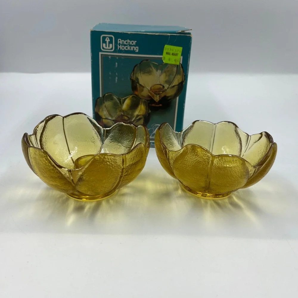Anchor Hocking Amber Tulip Candleholders Vintage Glass Flower Set of 2 Boxed